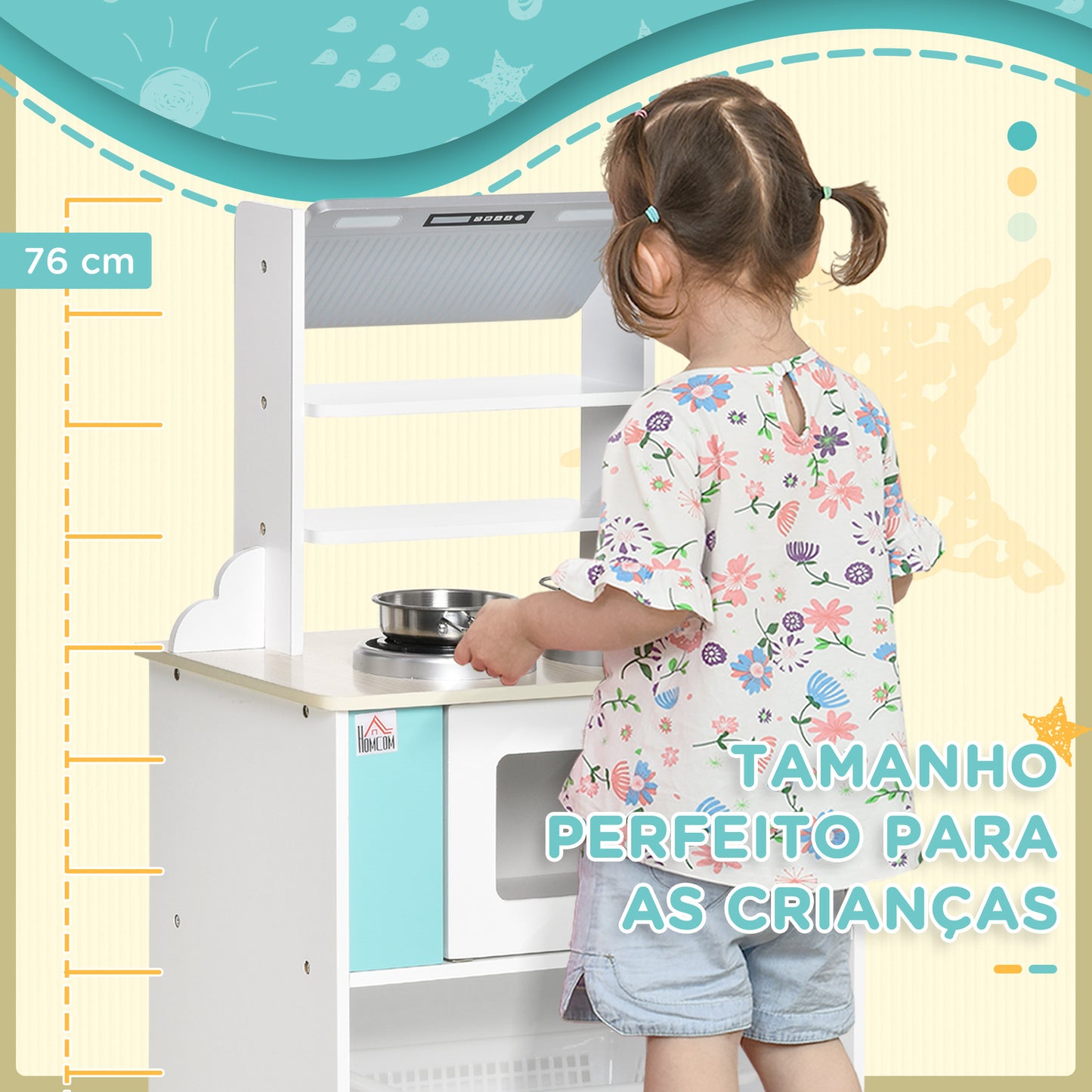 HOMCOM Cozinha Infantil de Madeira para Crianças acima de 3 Anos Cozinha Infantil com Cesto de Armazenamento Acessórios Utensílios Exaustor e Microondas 42x29x76cm Branco