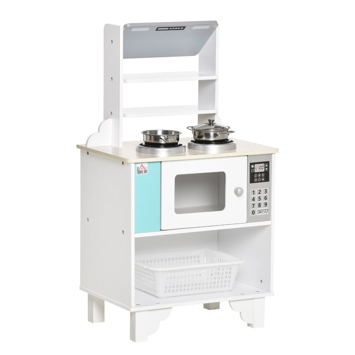 HOMCOM Cozinha Infantil de Madeira para Crianças acima de 3 Anos Cozinha Infantil com Cesto de Armazenamento Acessórios Utensílios Exaustor e Microondas 42x29x76cm Branco