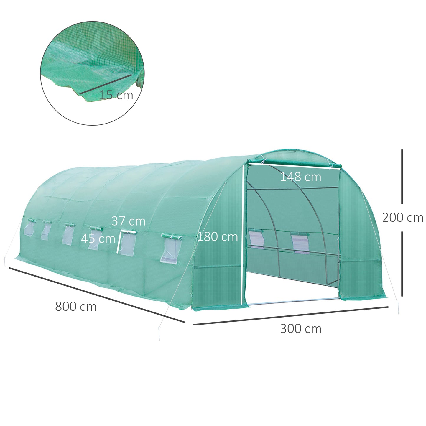 Outsunny Estufa tipo Túnel 8x3x2m Aço e PE 140 g/m² Estufa para Cultivo de Plantas Tomates Verduras com 12 Janelas e Porta Enroláveis Verde