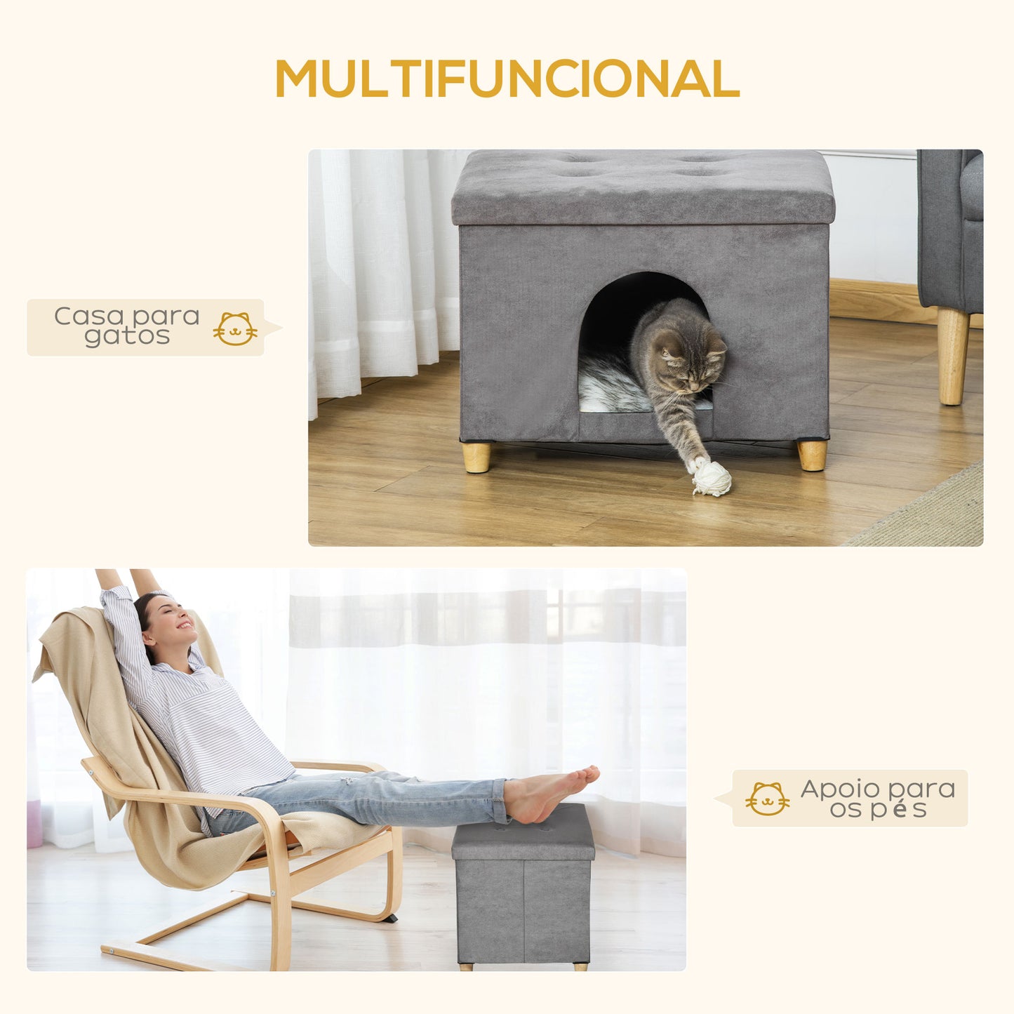 PawHut Caverna para Gatos 2 em 1 Banco para Apoio dos Pés com Tampa Removível Orifício de Entrada Almofada Lavável e Pés Elevados de Madeira para Interior 60x45x44,5cm Cinza