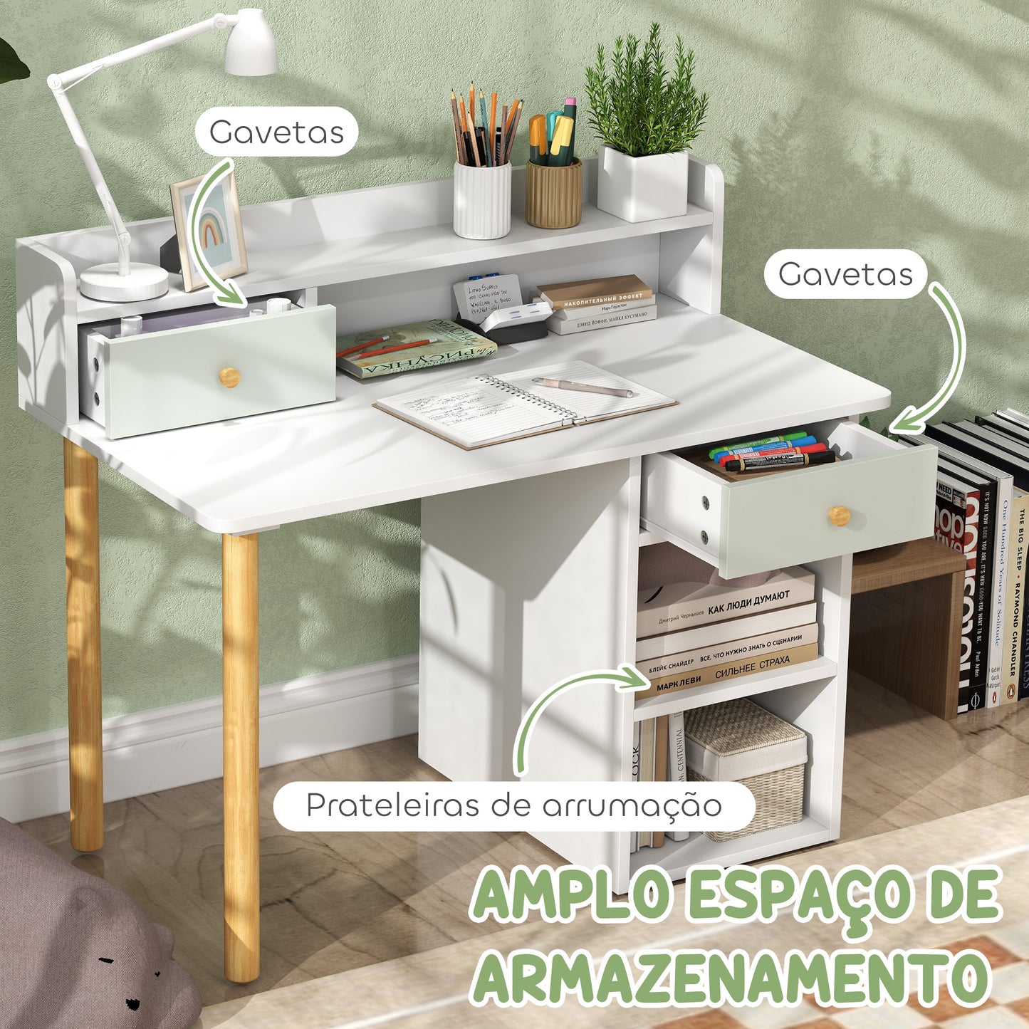 AIYAPLAY Conjunto de Secretária e Cadeira para Crianças acima de 3 Anos Mesa de Estudo com Prateleiras para Livros e Gaveta de Arrumação Carga 80 kg 85x48x73 cm Verde e Branco