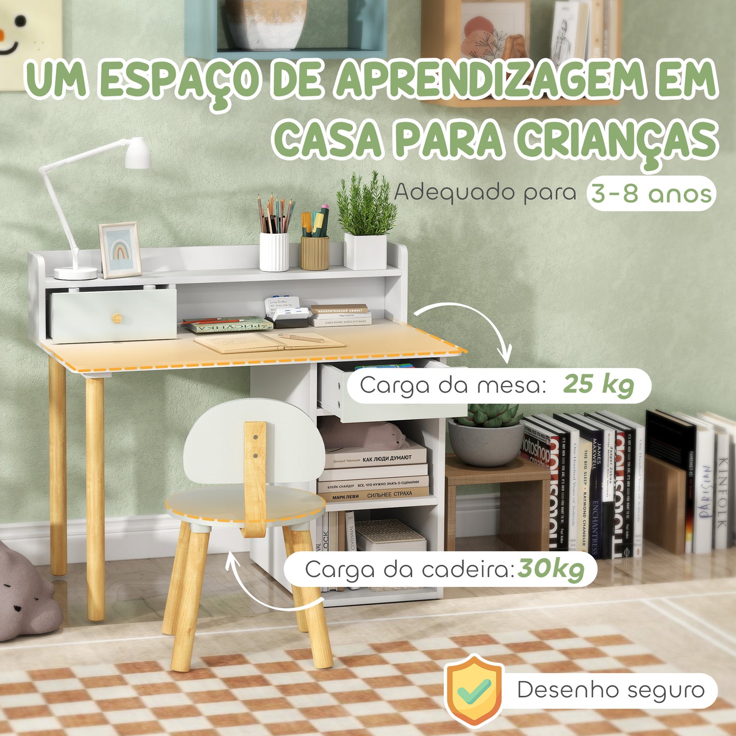 AIYAPLAY Conjunto de Secretária e Cadeira para Crianças acima de 3 Anos Mesa de Estudo com Prateleiras para Livros e Gaveta de Arrumação Carga 80 kg 85x48x73 cm Verde e Branco