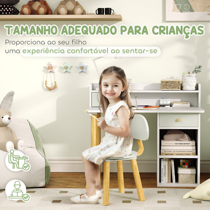 AIYAPLAY Conjunto de Secretária e Cadeira para Crianças acima de 3 Anos Mesa de Estudo com Prateleiras para Livros e Gaveta de Arrumação Carga 80 kg 85x48x73 cm Verde e Branco