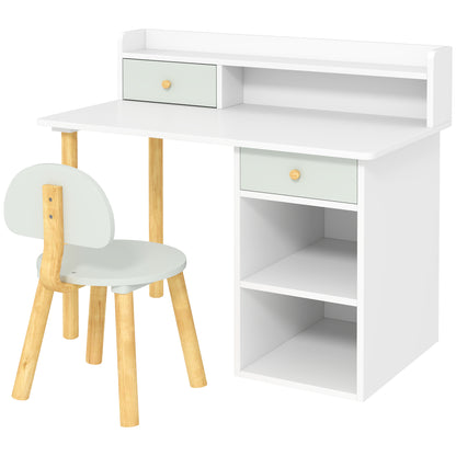 AIYAPLAY Conjunto de Secretária e Cadeira para Crianças acima de 3 Anos Mesa de Estudo com Prateleiras para Livros e Gaveta de Arrumação Carga 80 kg 85x48x73 cm Verde e Branco