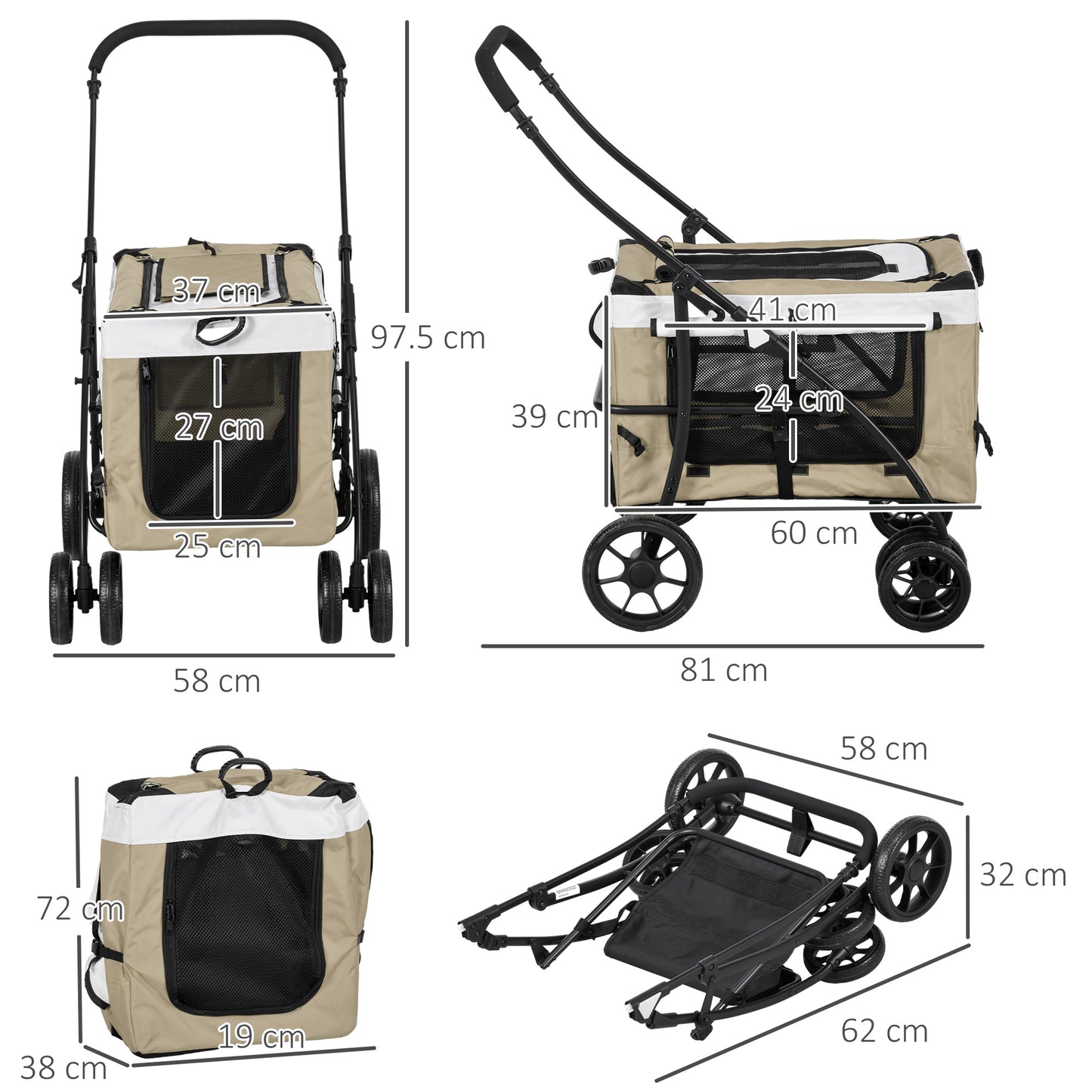 PawHut Carrinho para Animais de Estimação Carrinho para Cães Dobrável com Compartimento Desmontável 4 Portas com Fecho de Correr 2 Correias de Segurança e de Transporte 81x58x97,5 cm Cáqui