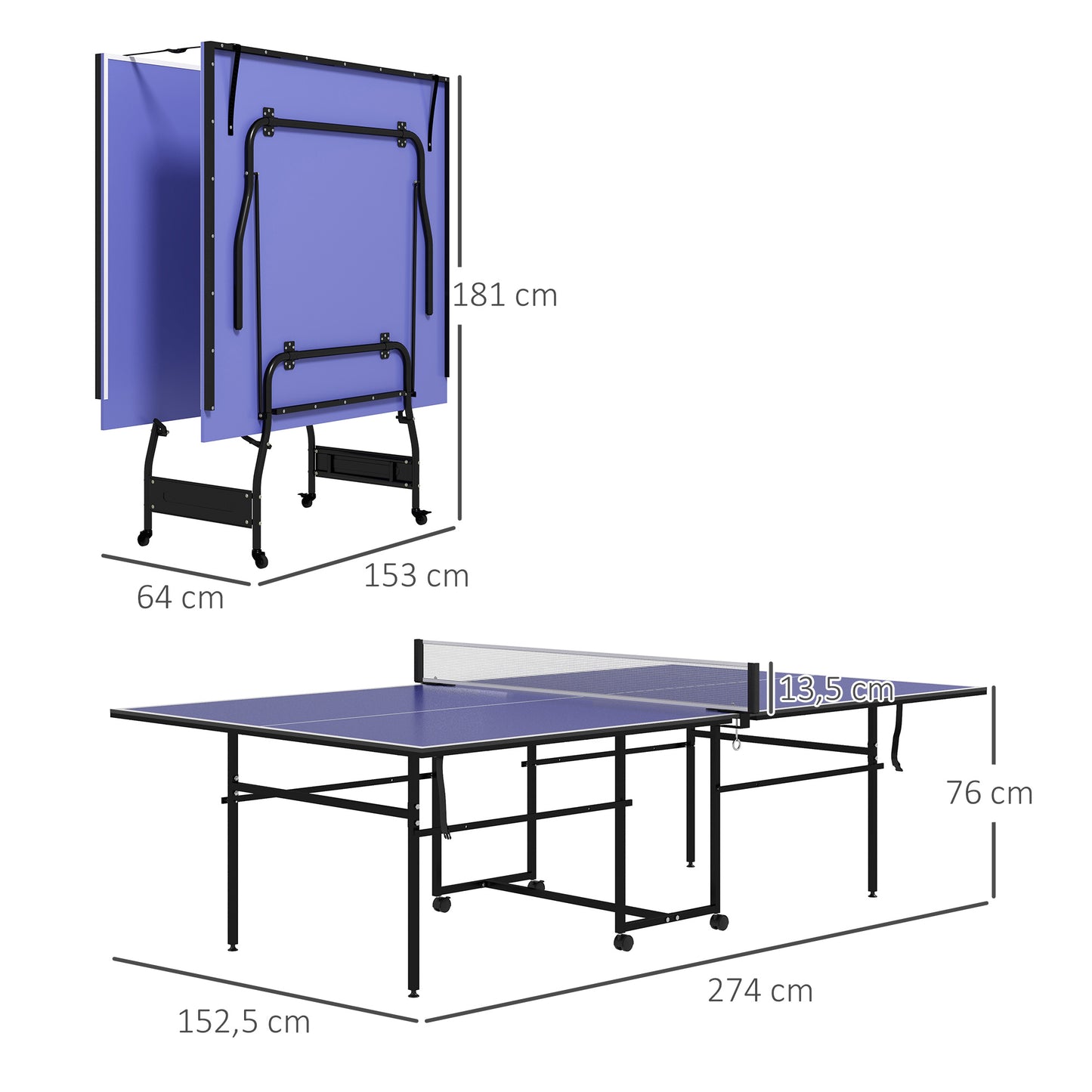 SPORTNOW Mesa de Ping Pong Dobrável Mesa de Ping Pong Profissional de Tamanho Padrão com Rodas Inclui 2 Raquetes e 3 Bolas para Interior e Exterior 274x152,5x76 cm Azul