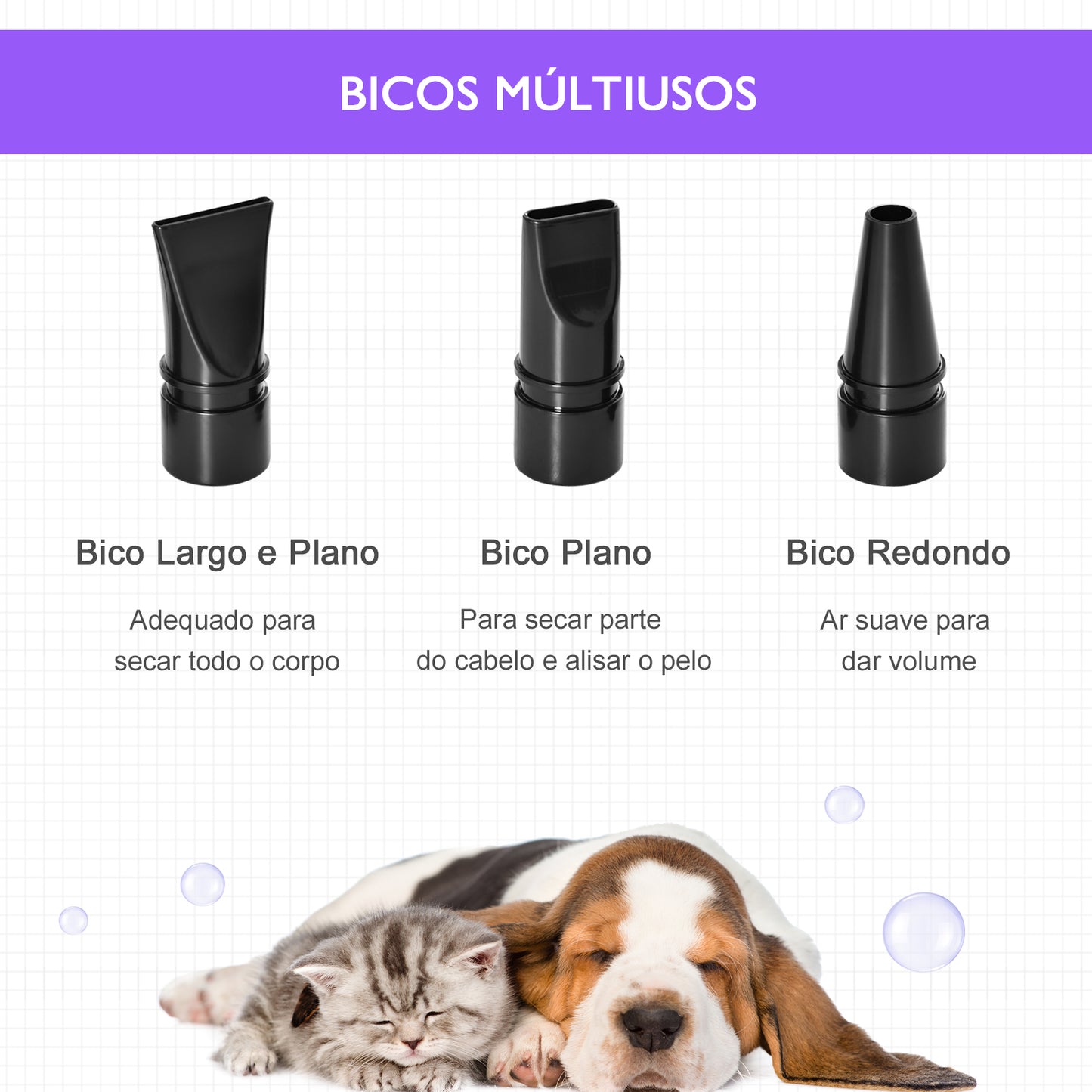 PawHut Secado de Pelo para Cães 2800W Secador de Pelo para Animais de Estimação com Temperatura e Velocidade Ajustável 3 Bicos Tubo Flexível 2,1m e Alça de Transporte 40x16x20cm Roxo