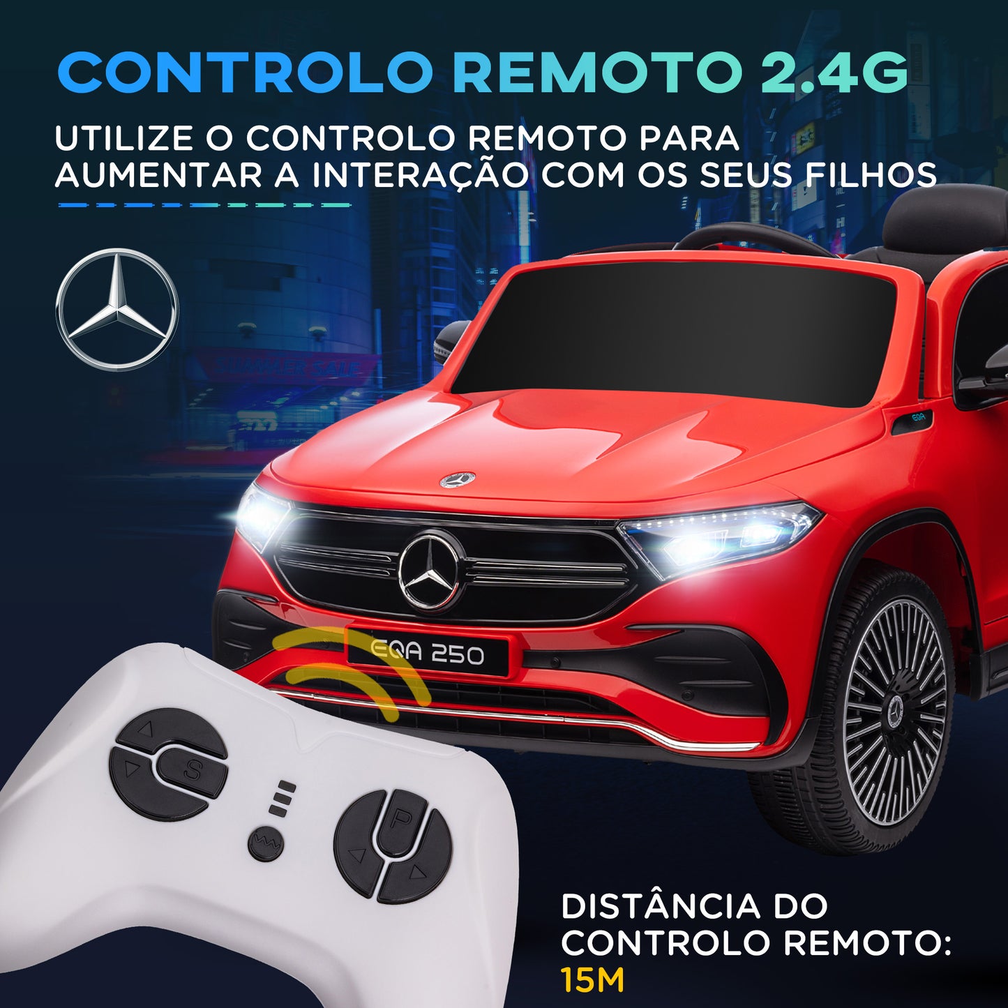 HOMCOM Carro Elétrico para Crianças Mercedes-Benz EQA Carro a Bateria 12V com Controlo Remoto Música Buzina Velocidade 3-8 km/h para Crianças 3-8 Anos 111,5x69x52,5 cm Vermelho