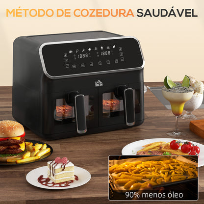 Fritadeira sem Óleo de 8L e 2700W com 2 Cestos Independentes 8 Programas Pré-configurados Ecrã LED Tátil e Temporizador Inclui Guia de Receitas 39x38,5x31 cm Preto