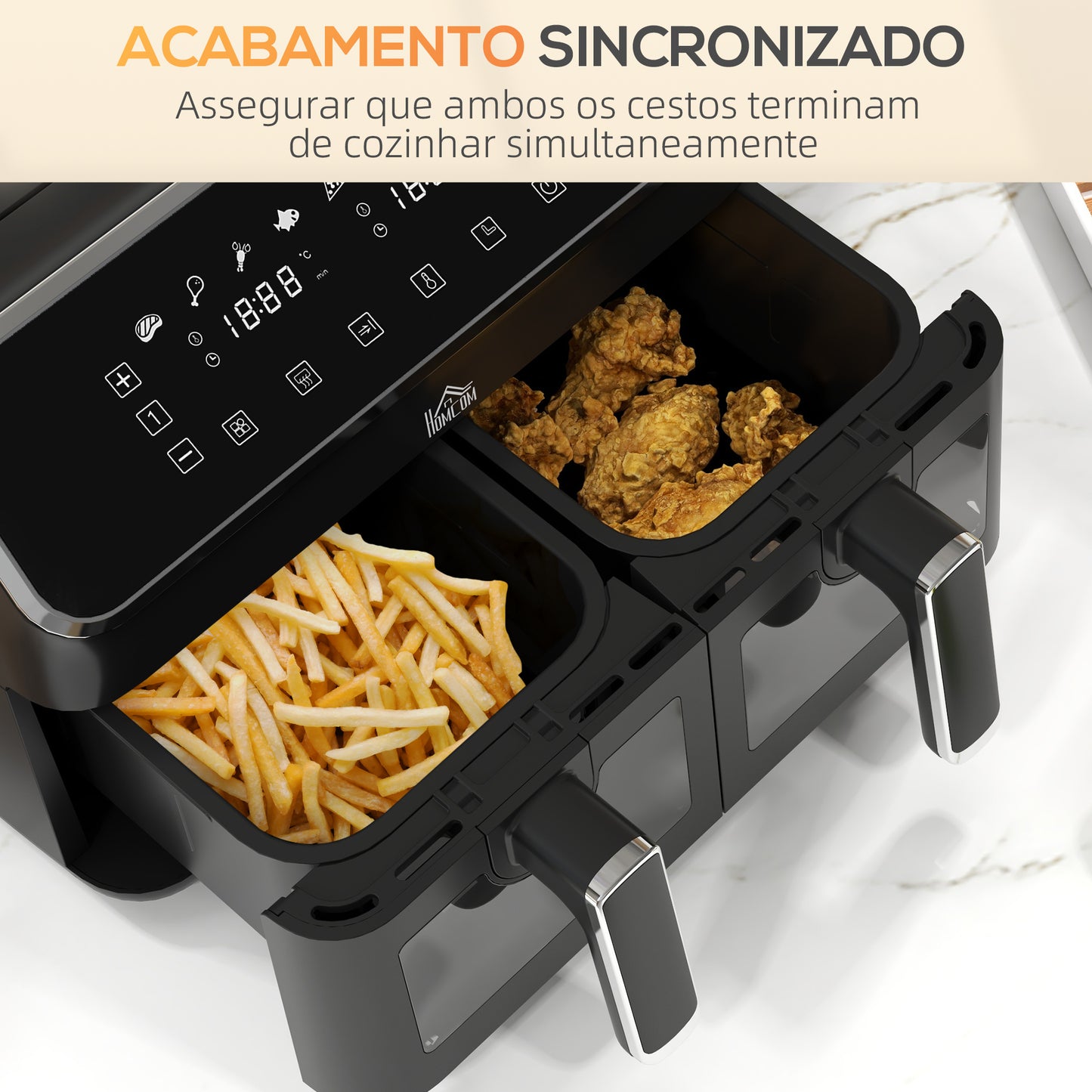 Fritadeira sem Óleo de 8L e 2700W com 2 Cestos Independentes 8 Programas Pré-configurados Ecrã LED Tátil e Temporizador Inclui Guia de Receitas 39x38,5x31 cm Preto