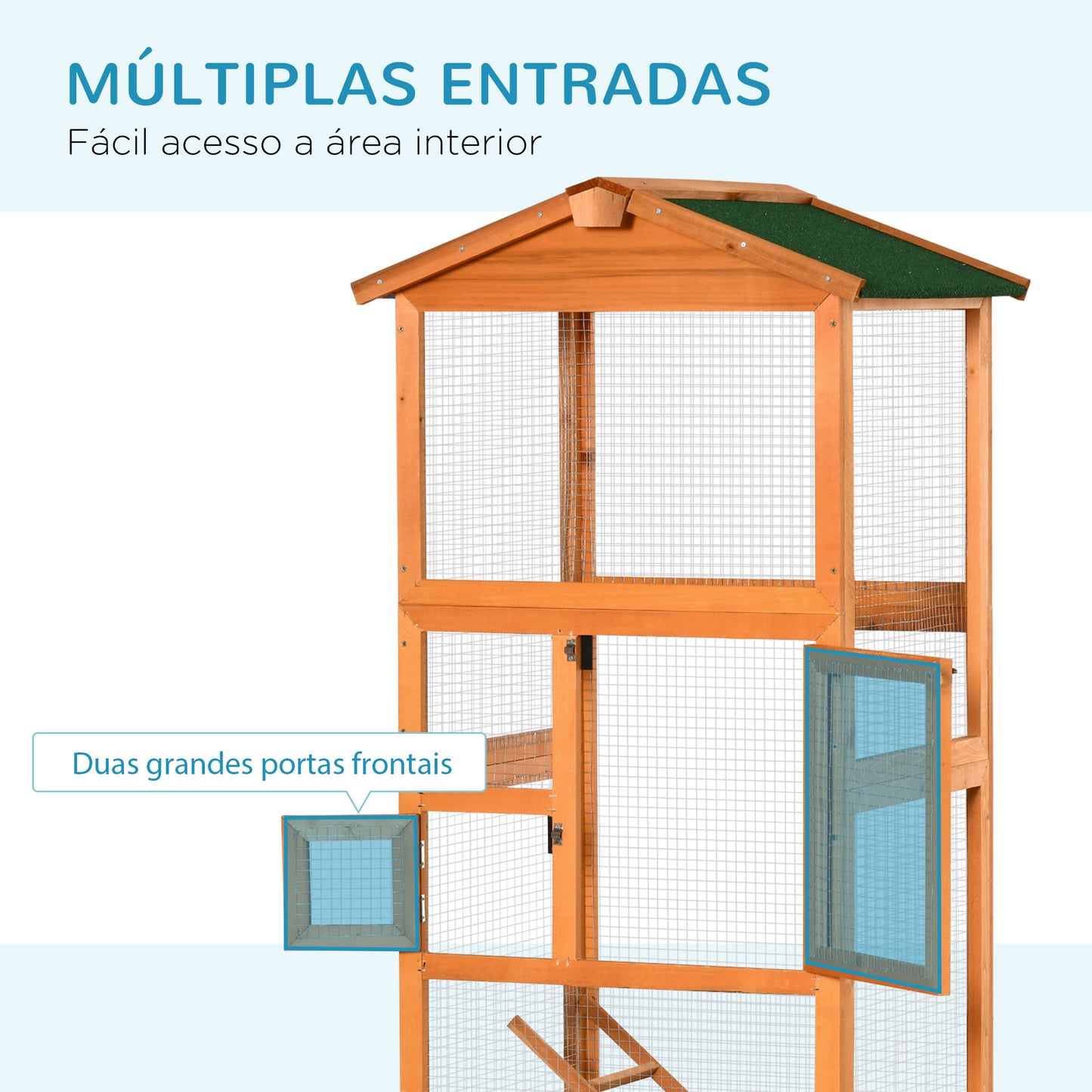 PawHut Gaiola para Pássaros Grande 68x63x165cm Gaiola para Pássaros de Madeira de Abeto com 2 Portas Bandeja Amovível e Teto Asfáltico Madeira