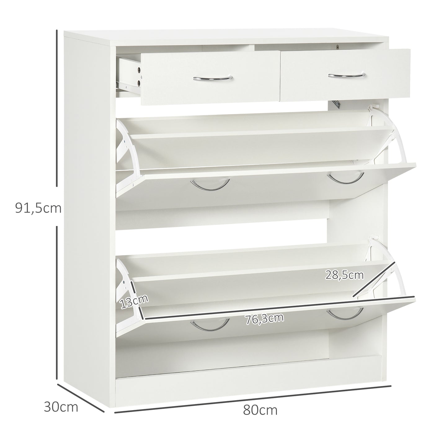 HOMCOM Sapateira Móvel para Sapatos Estreito com 2 Compartimentos e 2 Gavetas para 12 Pares de Sapatos para Sala de Estar Entrada Corredor 80x30x91,5 cm Branco