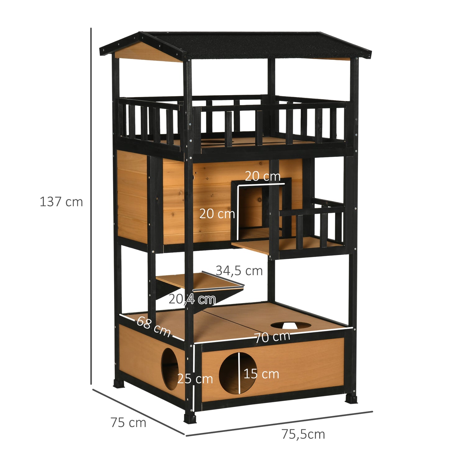 PawHut Casa para Gatos de Madeira 75,5x75x137 cm Abrigo para Gatos com Telhado Asfáltico Plataformas e Ninho para Interior e Exterior Natural