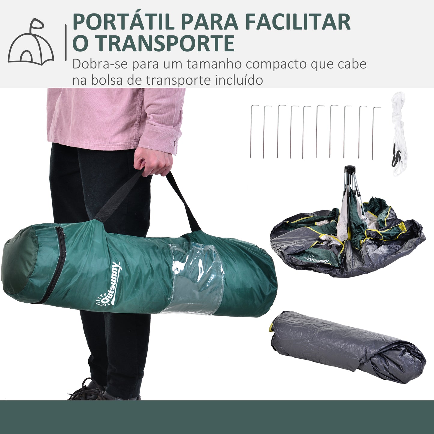 Outsunny Tenda de Campismo para 3 Pessoas Tenda de Campismo Dobrável com 1 Porta 3 Janelas Bolsa de Transporte e Abertura Automática para Praia Parque 205x195x135 cm Verde