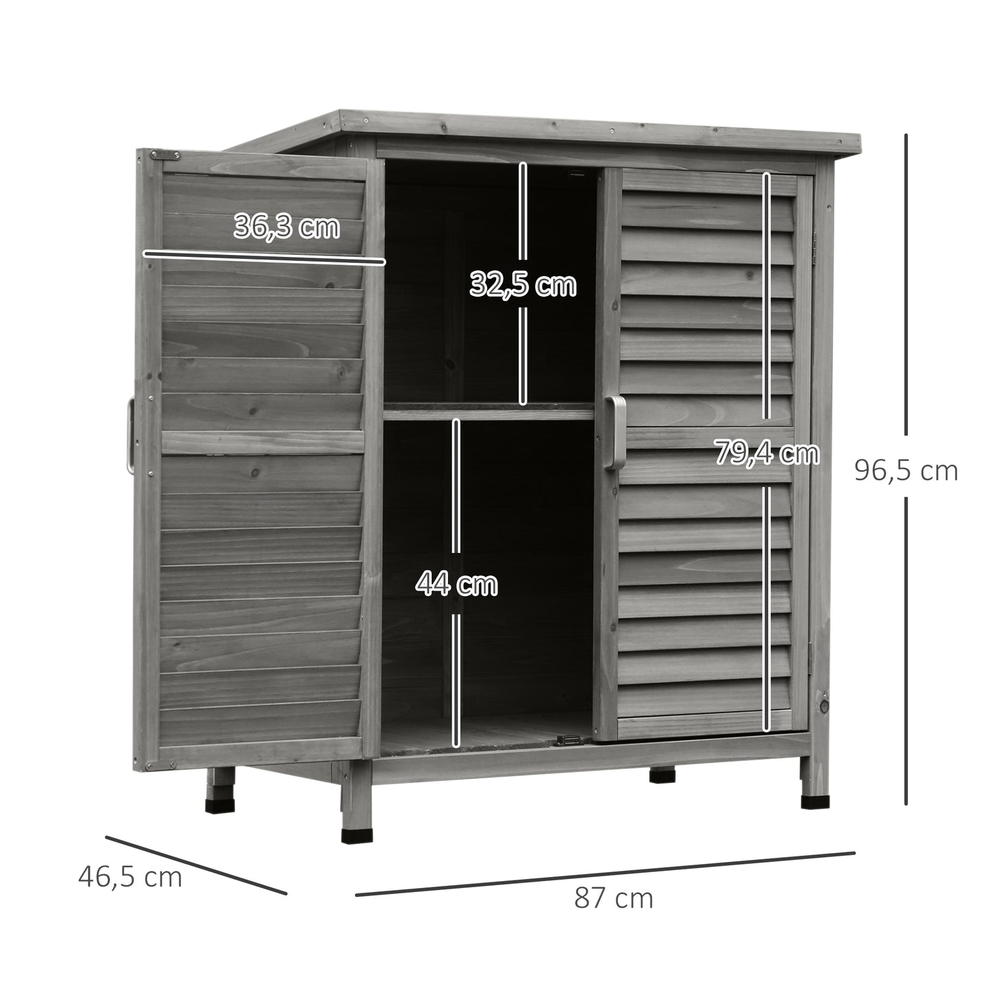 Outsunny Armário de Armazenamento de Madeira para Jardim com 2 Prateleiras Interiores 2 Portas e Teto Inclinado para Exterior Terraço 87x46,5x96,5cm Cinza