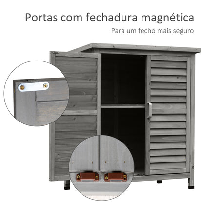 Outsunny Armário de Armazenamento de Madeira para Jardim com 2 Prateleiras Interiores 2 Portas e Teto Inclinado para Exterior Terraço 87x46,5x96,5cm Cinza