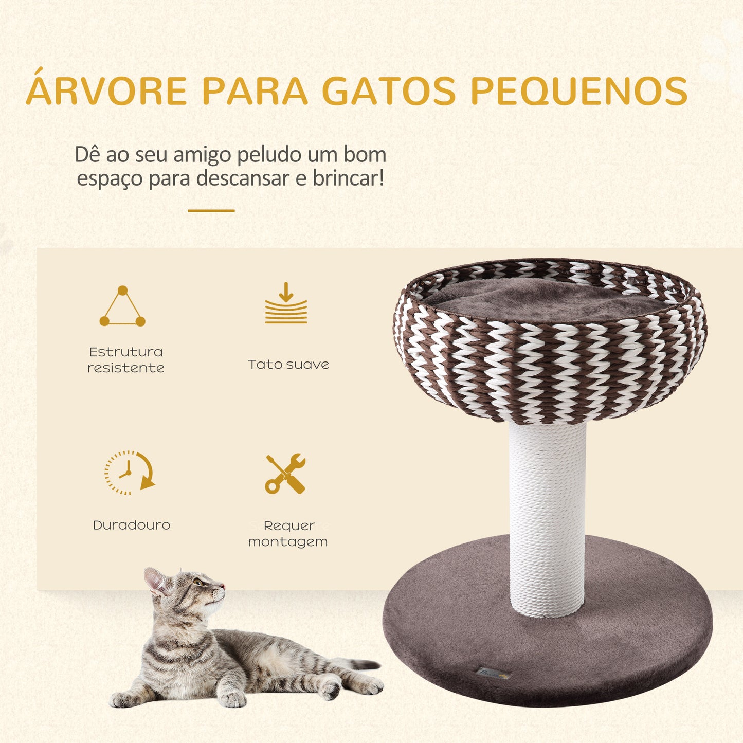 PawHut Arranhador para Gatos Pequeno Altura 52cm Torre de Escalar para Gatos com Cama Redonda Almofada de Pelúcia Suave e Poste Arranhador 50x50x52cm Café e Branco