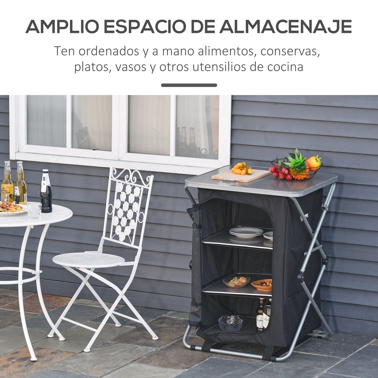 Outsunny Armário de cozinha de acampamento dobrável com para vento 3 prateleiras Bolsa de armazenamento bancada de 65x58x93 cm para piqueniques de acampamento Tecido Oxford preto