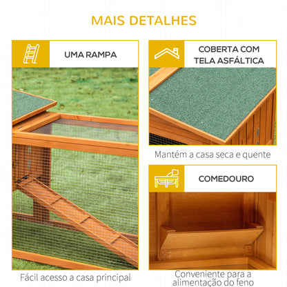 PawHut Coelheira de Madeira Exterior Gaiola para Coelhos de 2 Níveis com Teto Asfáltico 2 Áreas Cercadas Bandeja Removível 2 Portas Janela e Rampa 157,4x53x93,5cm Madeira Natural