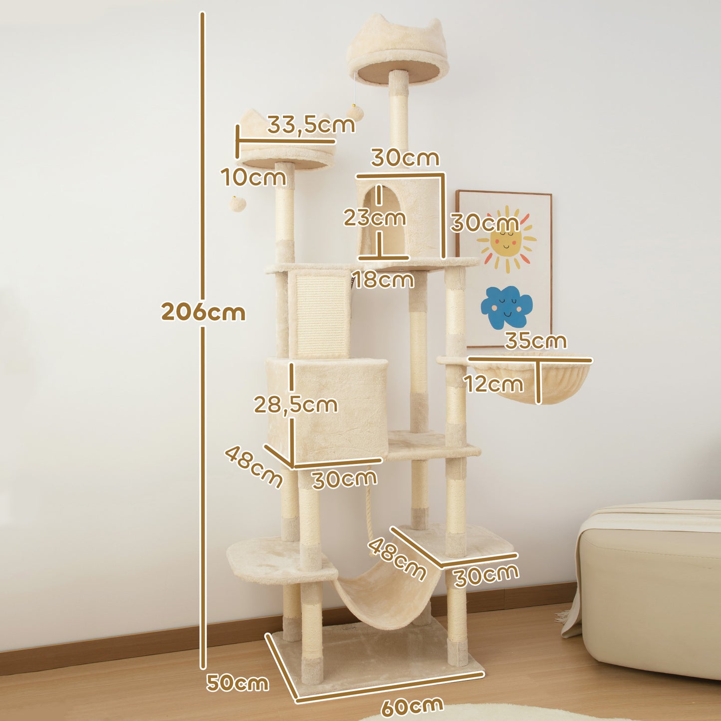 PawHut Arranhador para Gatos Grande Altura 173 cm Arranhador para Gatos Torre para Gatos com Plataformas Caverna Bolas Suspensa e Rede Bege