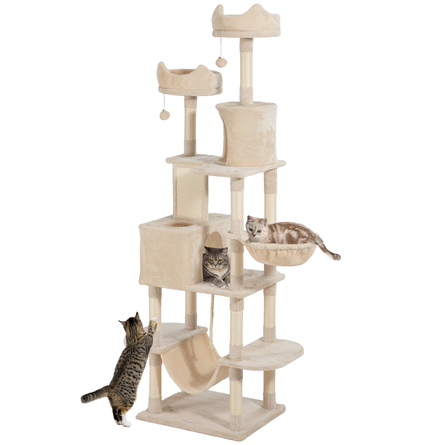 PawHut Arranhador para Gatos Grande Altura 173 cm Arranhador para Gatos Torre para Gatos com Plataformas Caverna Bolas Suspensa e Rede Bege