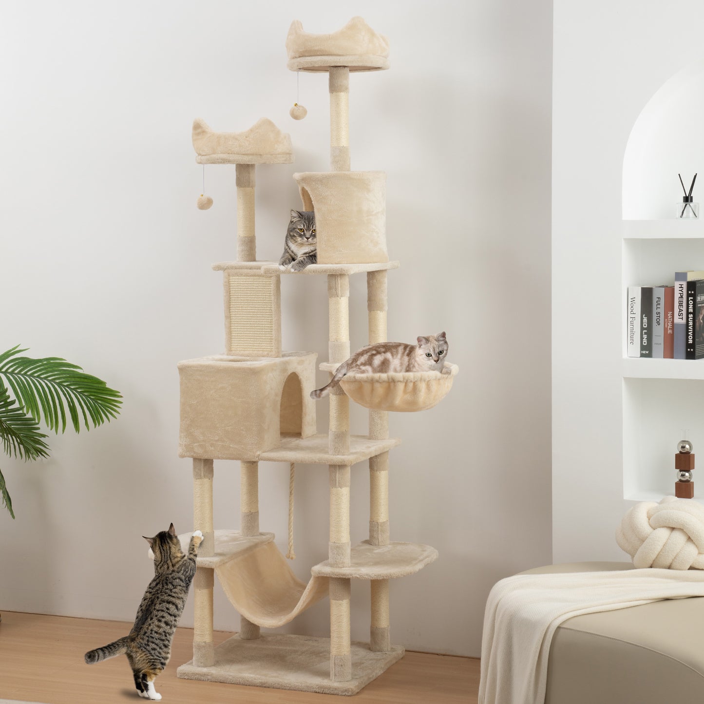 PawHut Arranhador para Gatos Grande Altura 173 cm Arranhador para Gatos Torre para Gatos com Plataformas Caverna Bolas Suspensa e Rede Bege