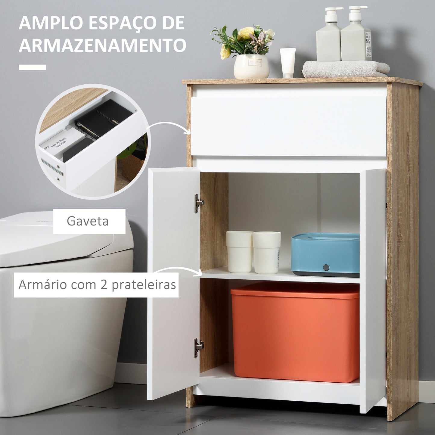 HOMCOM Móvel Auxiliar Casa de Banho com 1 Gaveta e 2 Portas Armário Casa de Banho de Estilo Moderno Anti-Tombo 60x30x90cm Branco e Madeira