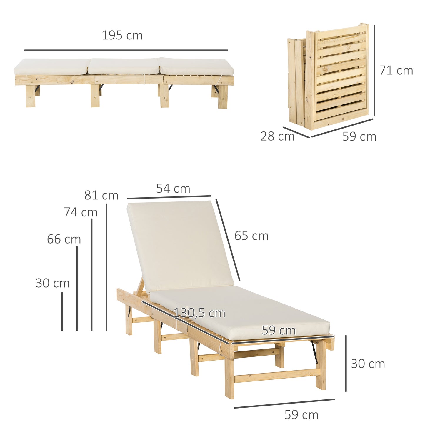 Outsunny Espreguiçadeira de Madeira Dobrável com Encosto Ajustável em 4 Posições Almofada Removível Carga Máxima 113kg para Jardim Terraço Campismo Exterior 195x59x30cm Madeira e Creme