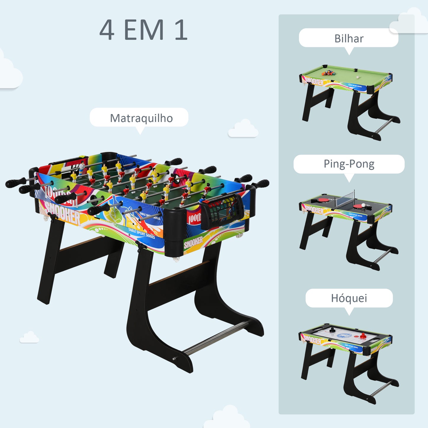 HOMCOM Mesa de vários jogos Mesa de jogos projeto 4 em 1 Futebol de mesa Hóquei Bilhar Tênis de mesa jogos para crianças e adultos Acessórios incluídos Diversão 86.5x43.5x64 cm