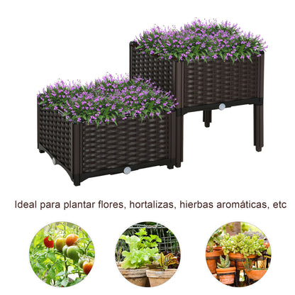 Outsunny Conjunto de 2 Floreiras Quadradas Floreiras para Flores e Vegetais com Orifícios de Drenagem e Pés Altos 40x40x26-44cm Marrom