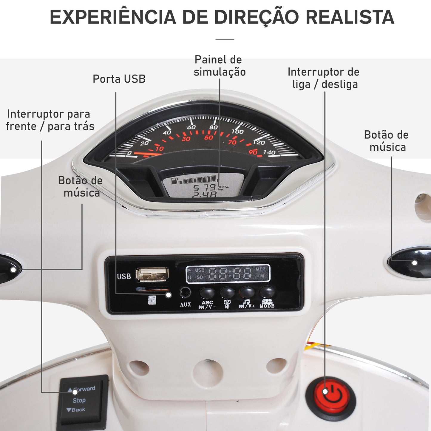 Scooter Elétrico para crianças com USB MP3 Luz para Crianças de a partir de 3 anos com USB MP3 Carga 25 kg Branco