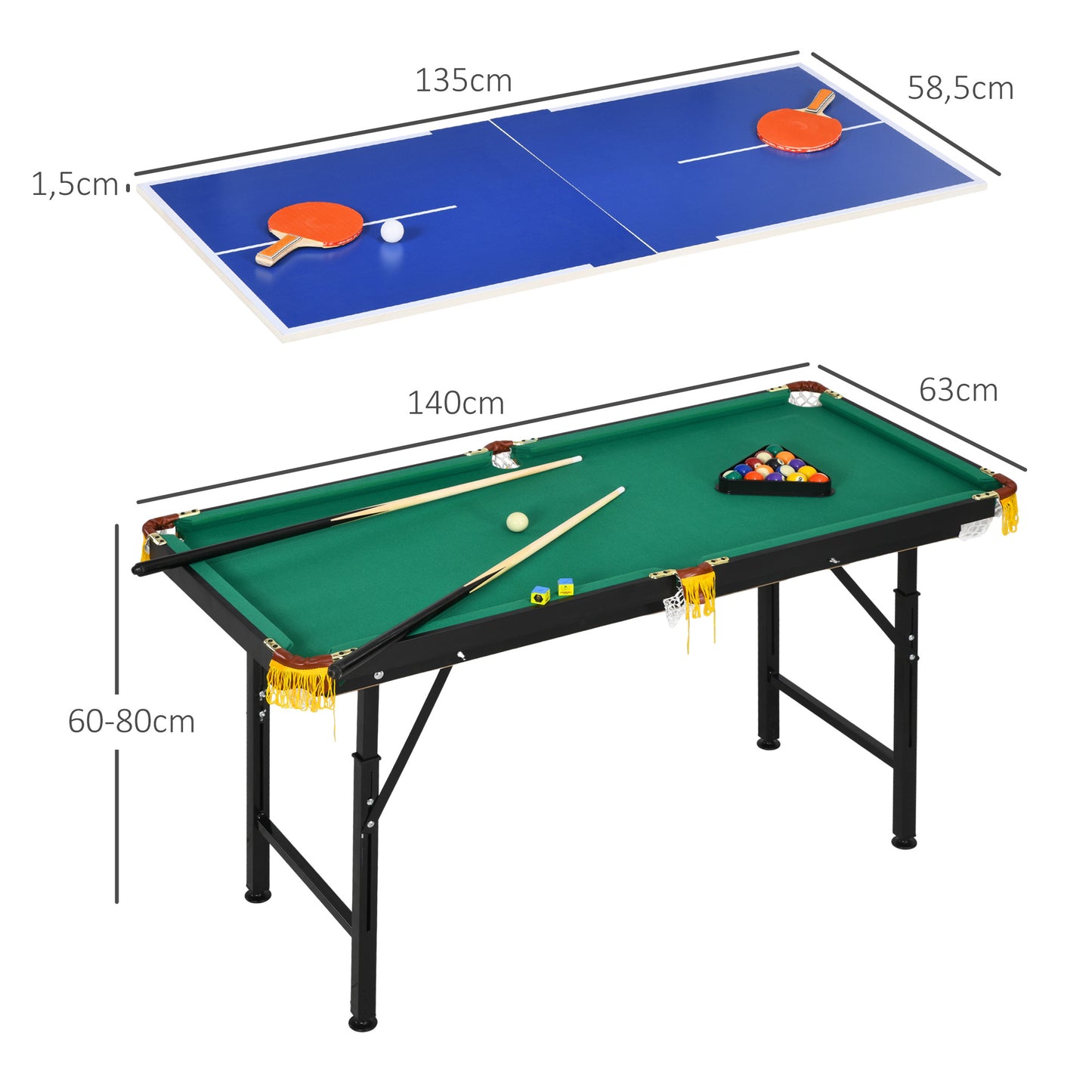 SPORTNOW 2 em 1 Mesa Multijogos para Crianças de 6+ Anos Mesa de Bilhar e Ping Pong Dobrável com Altura Ajustável e Acessórios 140x63x60-80 cm Multicolor