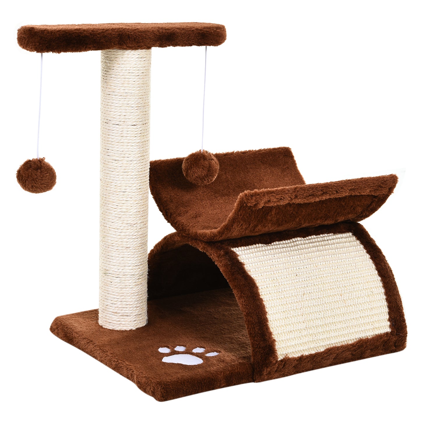 PawHut Árvore Arranhador para Gatos Pequena 43 cm Torre para Gatos com Poste Giratório Bolas Suspensas Plataforma Curva e Esconderijo 40x30x43 cm Marrom