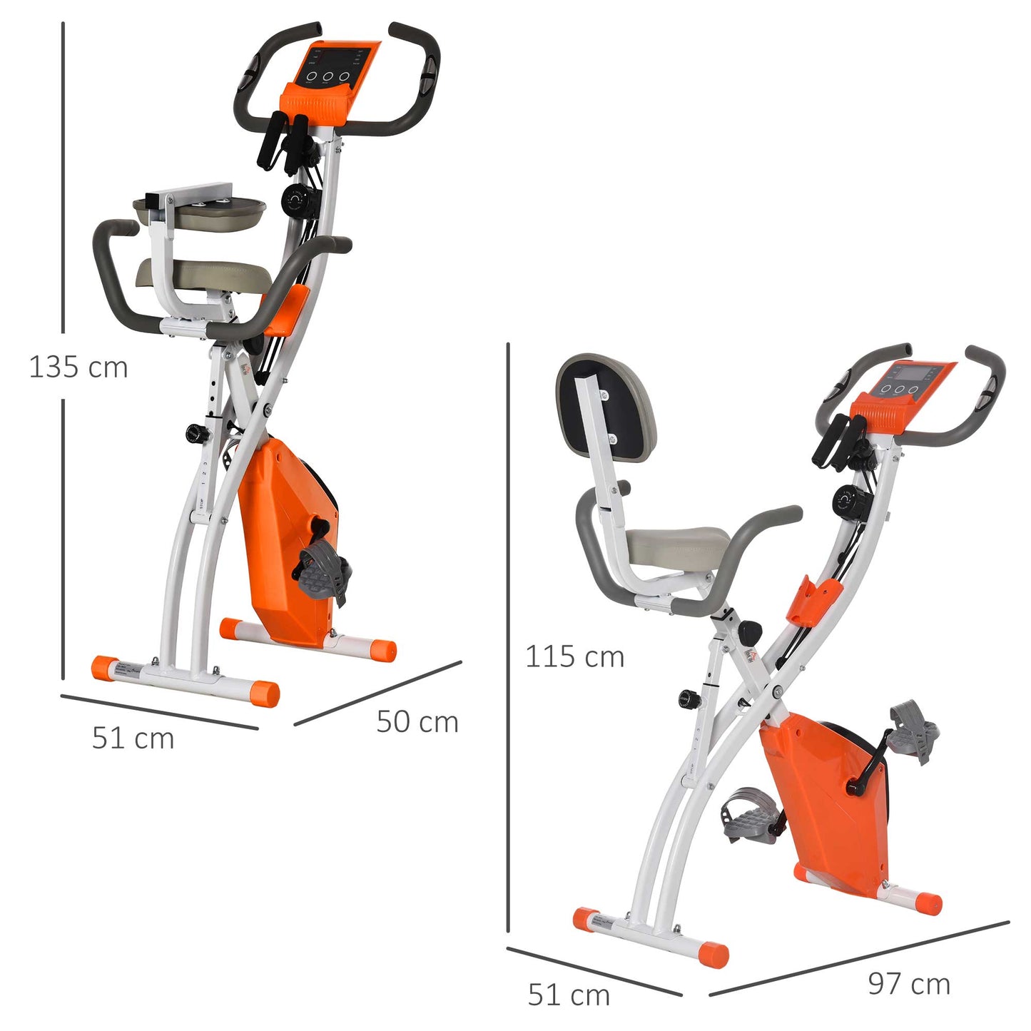 HOMCOM Bicicleta Estática Dobrável com Altura e Resistência Ajustáveis com Tela LCD e Assento com Encosto 51x97x115cm Laranja