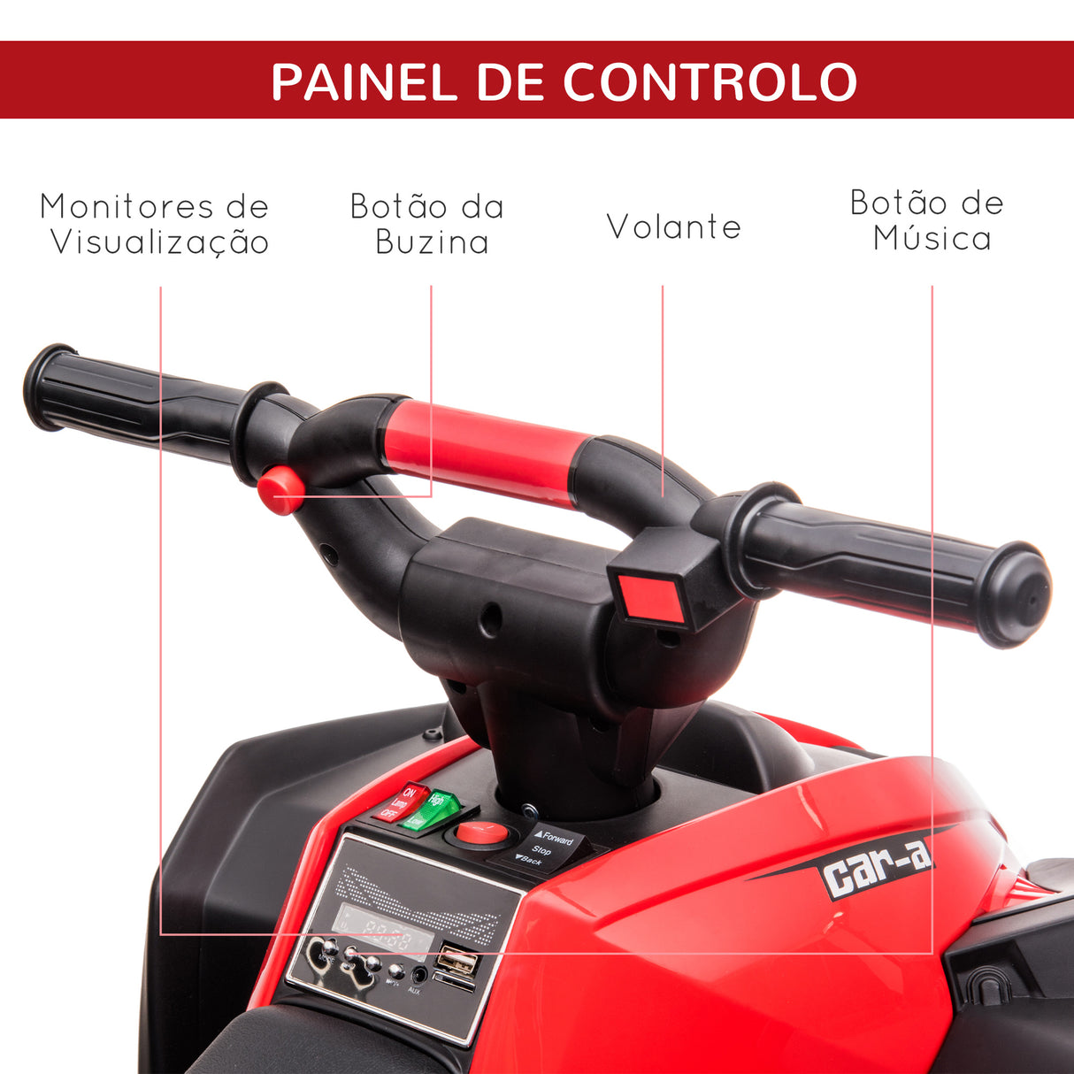 HOMCOM Quadriciclo Elétrico para Crianças de 3-5 Anos Veículo Eléctrico a Bateria 12V com 2 Motores Farol Música Velocidade Ajustável Avançar e Retroceder 83x53x55,5cm Vermelho