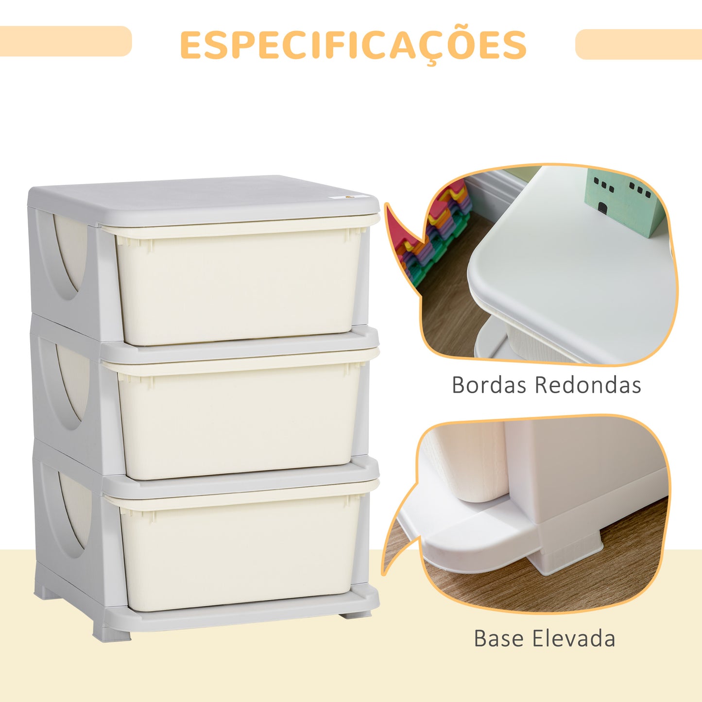 HOMCOM Organizador de Brinquedos para Crianças acima de 3 Anos com 3 Gavetas Arrumação para Brinquedos Roupas Livros 37x37x56,5 cm Bege