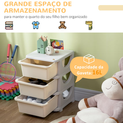 HOMCOM Organizador de Brinquedos para Crianças acima de 3 Anos com 3 Gavetas Arrumação para Brinquedos Roupas Livros 37x37x56,5 cm Bege