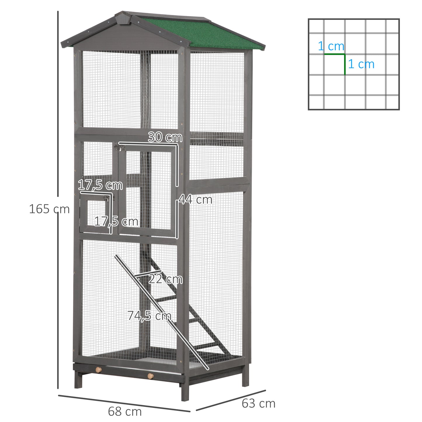 PawHut Gaiola para Pássaros Grande 68x63x165 cm Gaiola de Madeira de Abeto com 2 Portas Bandeja Amovível e Teto Asfáltico Cinza