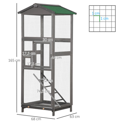 PawHut Gaiola para Pássaros Grande 68x63x165 cm Gaiola de Madeira de Abeto com 2 Portas Bandeja Amovível e Teto Asfáltico Cinza