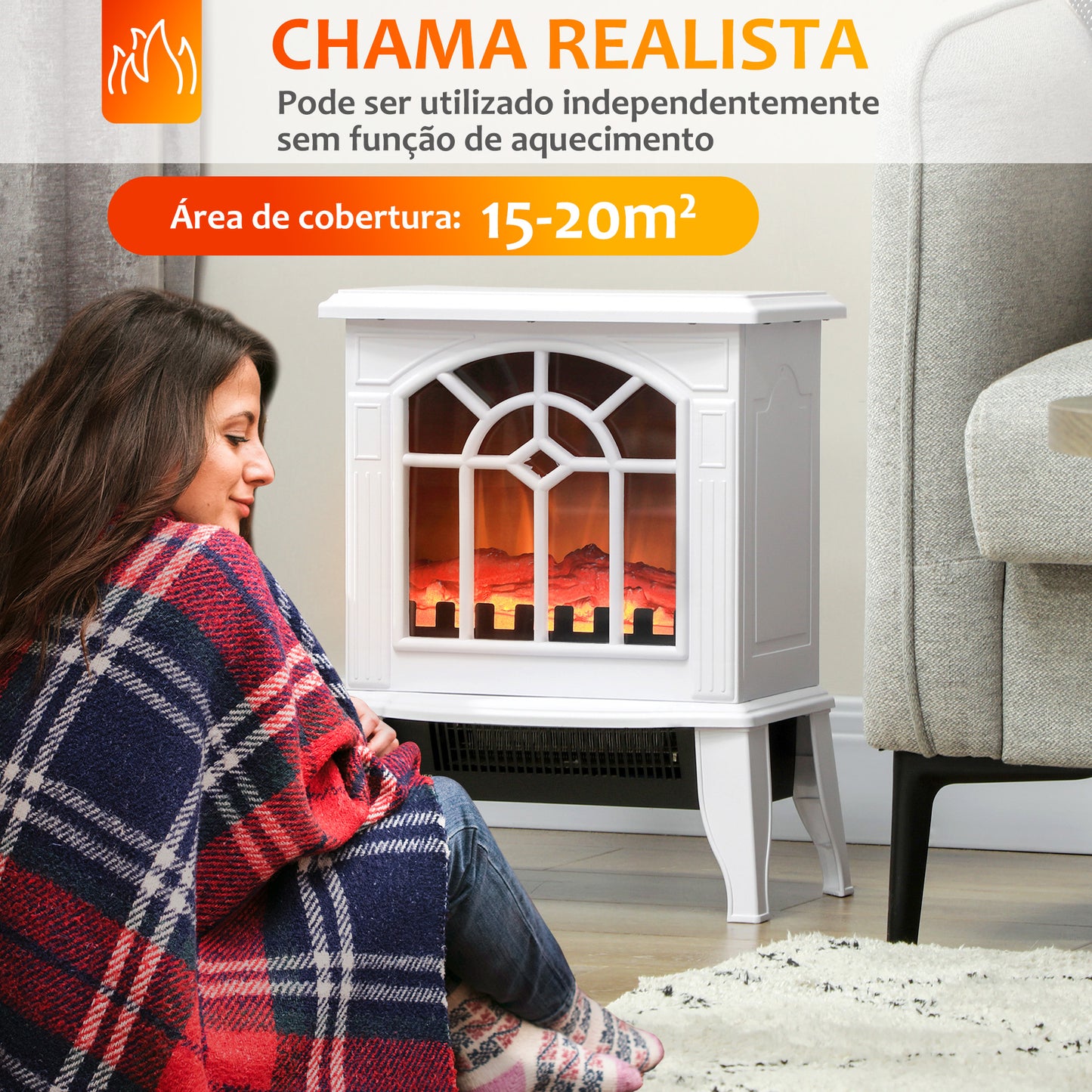 HOMCOM Lareira Elétrica Portátil 1000/2000W com Simulação de Chama Realista Termostato para Salas de até 20m² 36,5x24x46 cm Branco