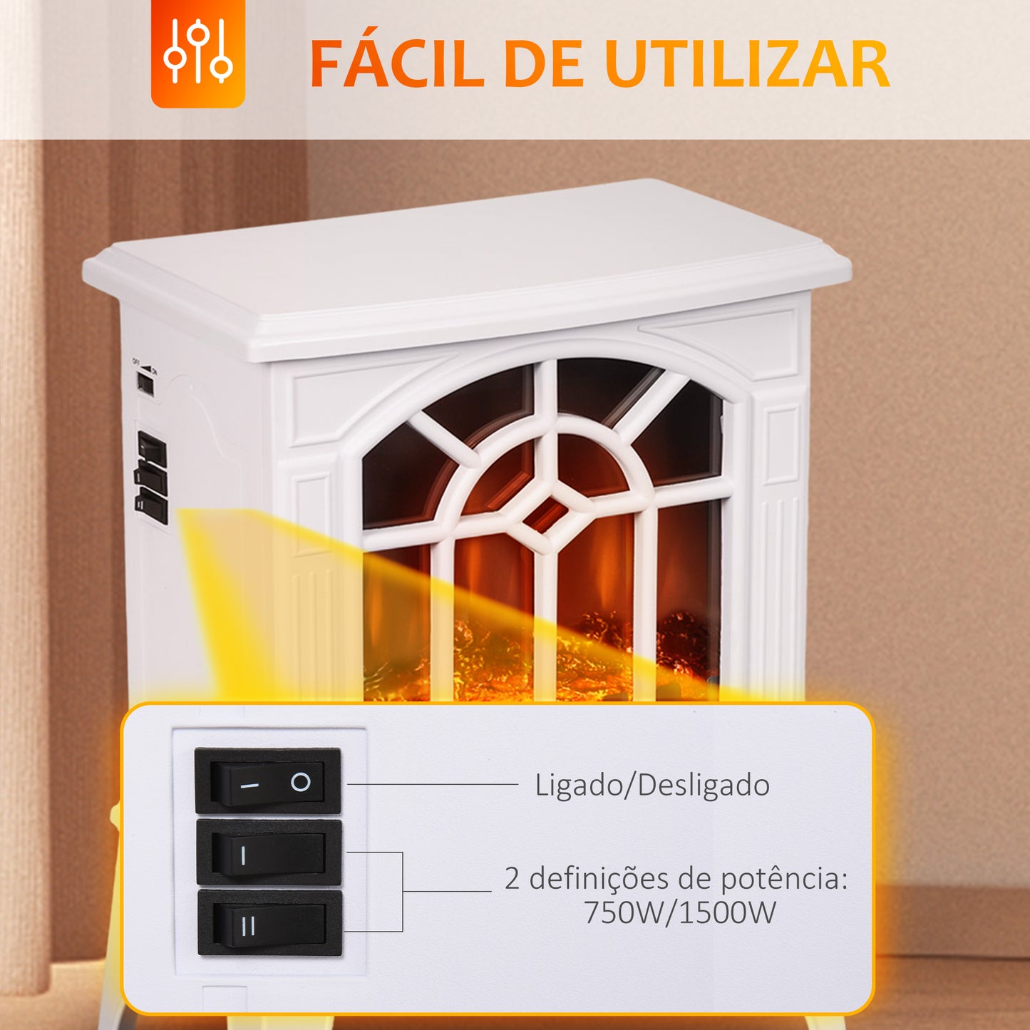 HOMCOM Lareira Elétrica Portátil 1000/2000W com Simulação de Chama Realista Termostato para Salas de até 20m² 36,5x24x46 cm Branco