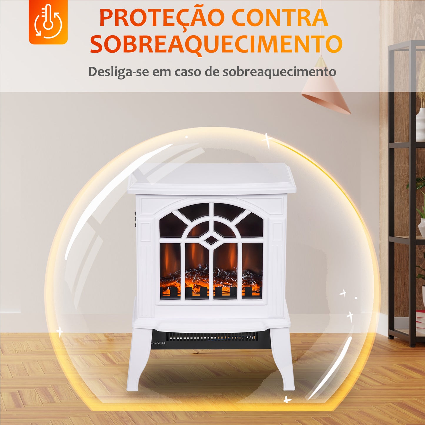 HOMCOM Lareira Elétrica Portátil 1000/2000W com Simulação de Chama Realista Termostato para Salas de até 20m² 36,5x24x46 cm Branco