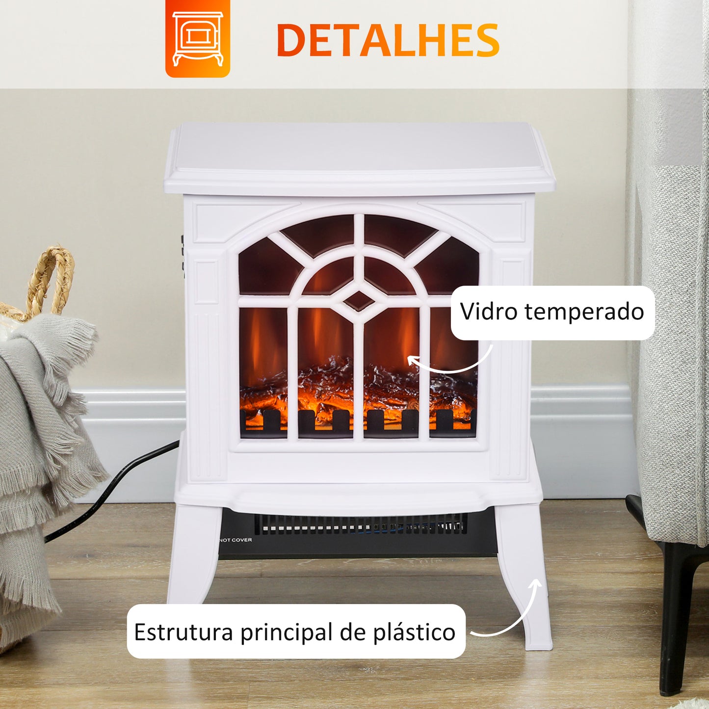 HOMCOM Lareira Elétrica Portátil 1000/2000W com Simulação de Chama Realista Termostato para Salas de até 20m² 36,5x24x46 cm Branco