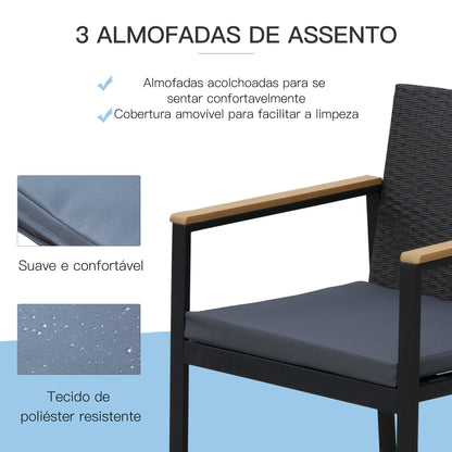 Outsunny Conjunto de Móveis de Vime e 4 Peças com Almofadas Acolchoadas 2 Poltronas 1 Sofá Duplo e Mesa de Centro com Vidro Temperado para Jardim Varanda Preto