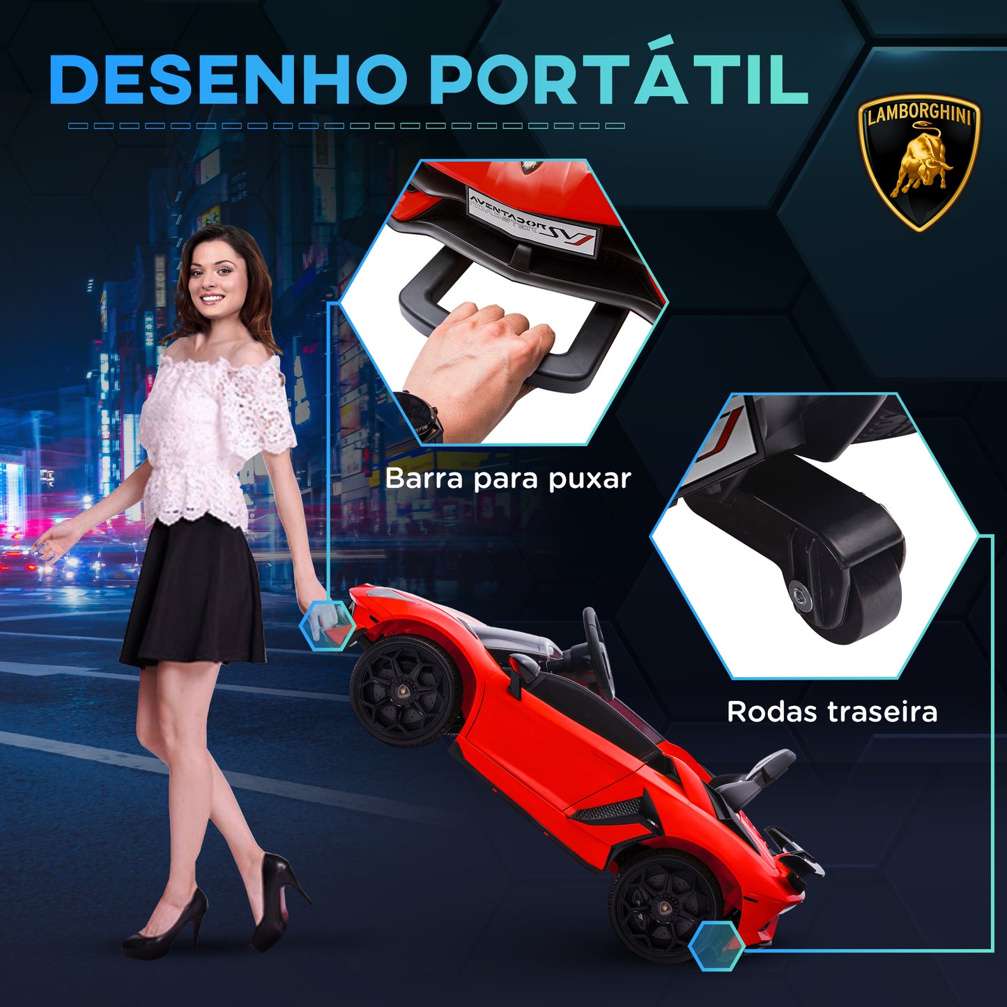 HOMCOM Carro Elétrico Lamborghini para Crianças de 37 a 60 Meses Carro Elétrico a Bateria 12V Velocidade Máxima 5km/h Controlo Remoto MP3 Luzes e Cinto de Segurança 107,5x63x42 cm Vermelho