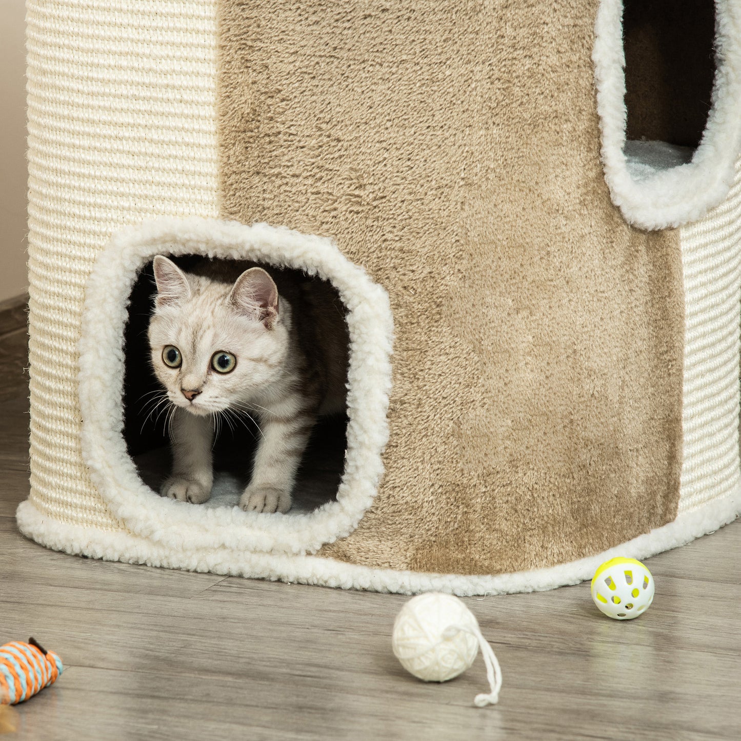 PawHut Arranhador em Forma de Cilindro para Gatos de 2 Níveis com Caverna de Sisal Pelúcia Suave e Plataforma de Velo 40x40x49cm Bege