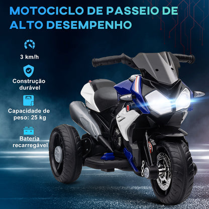 HOMCOM Motocicleta Elétrica Infantil com 3 Rodas Triciclo para Crianças acima de 3 anos com Bateria 6V Recarregável Funções de Música Buzina Faróis 86x42x52 cm Azul