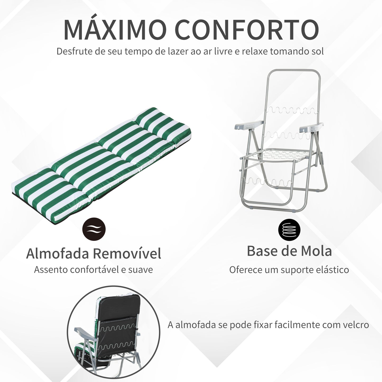 Outsunny 2 Espreguiçadeiras de Jardim Dobráveis Espreguiçadeiras de Aço com Almofada Acolchoada Encosto Ajustável em 5 Posições e Apoio para os Pés 60x75x50-102cm Verde e Branco