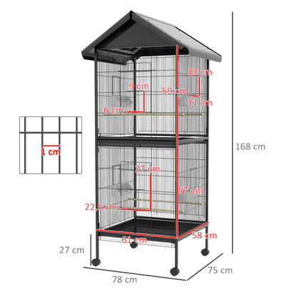 PawHut Gaiola para Pássaros 2 em 1 Gaiola de 2 Andares Convertível em Somente Uma com Rodas 4 Comedouros e 4 Poleiros e Bandejas Amovíveis para Canários 78x75x168 cm Preto