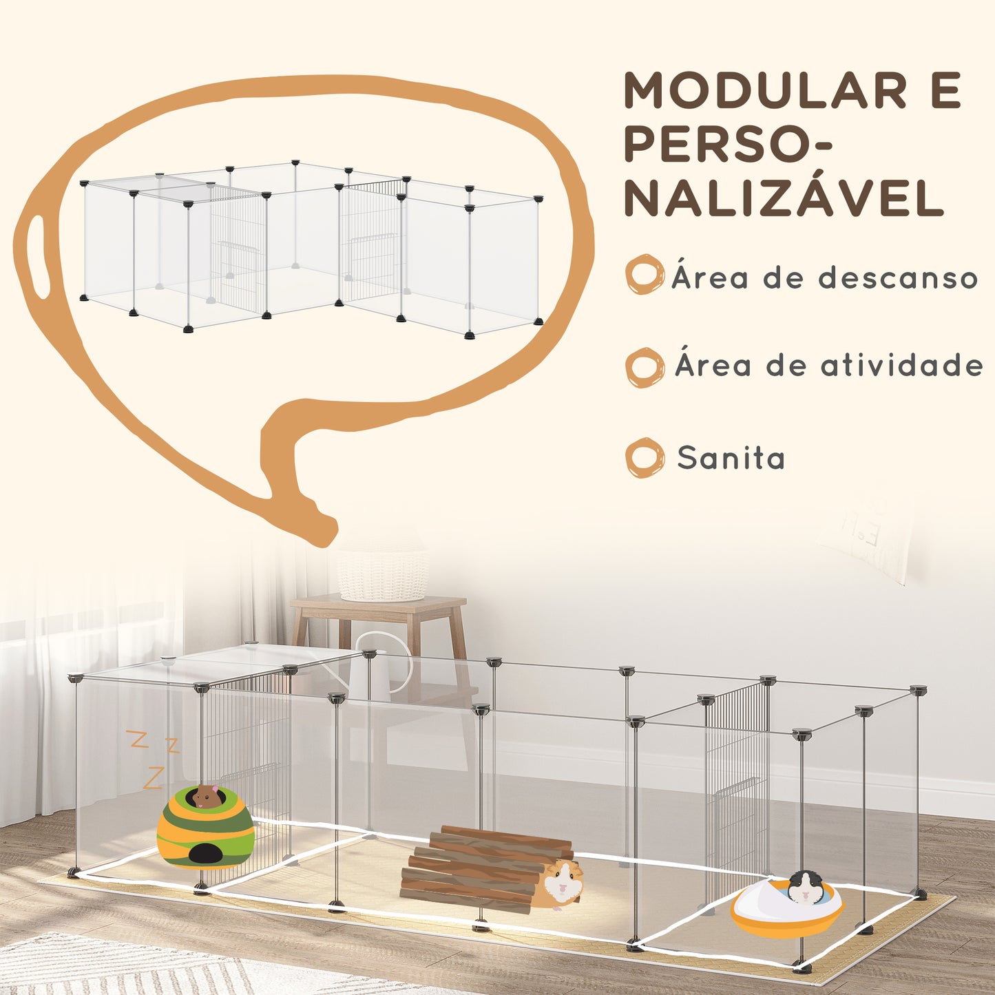 PawHut Recinto para Animais de Estimação DIY com 20 Painéis de Resina Parque para Pequenos Animais Gaiola Modular para Porquinho da Índia Chinchilas 175x70x45 cm Translúcido e Cáqui